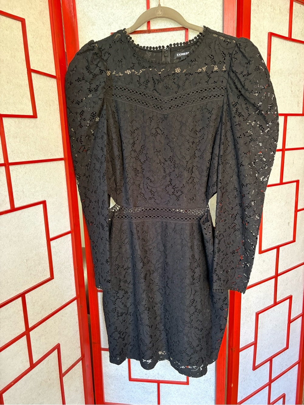 Express Black Lace Long-Sleeve Puff Dress with Waist Cutouts - Picture 5 of 12